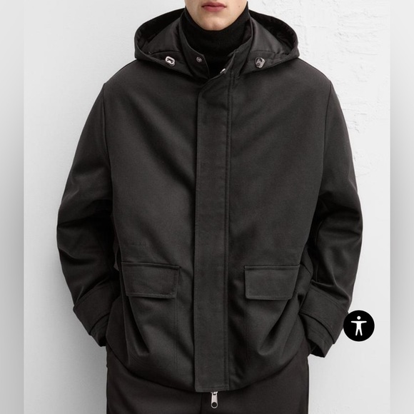 Zara Hooded Parker Coat NWT Size L in Black - Picture 4 of 8